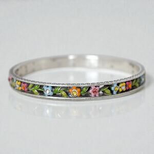 Vintage Brighton Flower Child Crystal Enamel Bangle Bracelet Silver Plated